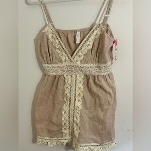 Vintage Boho Lace Tank Top L Beige Cotton Gauze Babydoll Y2K Festival Fairycore